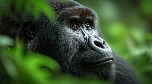 Majestic Gorilla Portrait in Dense Jungle Foliage