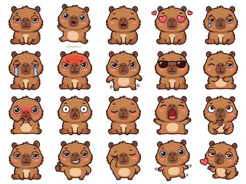 Cute unbothered cartoon capybara sticker pack, 20 
kawaii emotions and poses, flat vector illustration, 
white background