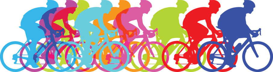 Obraz premium A vibrant illustration of a group of cyclists in a race, depicted in a series of colorful, overlapping silhouettes. 