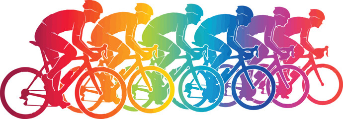 Obraz premium A vibrant illustration of a group of cyclists in a race, depicted in a series of colorful, overlapping silhouettes. 