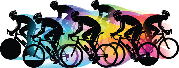 Obraz premium A group of cyclists in a rainbow-colored formation, showcasing a vibrant and dynamic sporting event. 