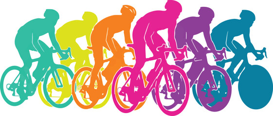 Fototapeta premium A vibrant illustration of a group of cyclists in a race, depicted in a series of colorful, overlapping silhouettes.