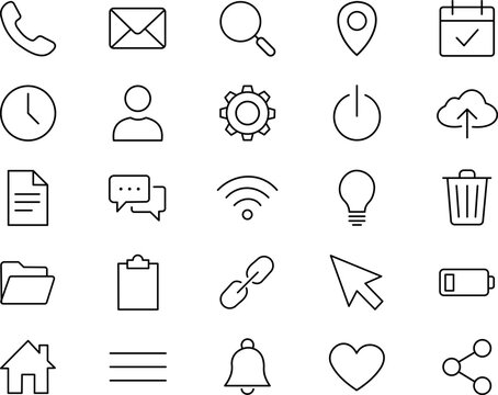 Minimalist user interface line icon set with essential web, mobile and application outline vector collection