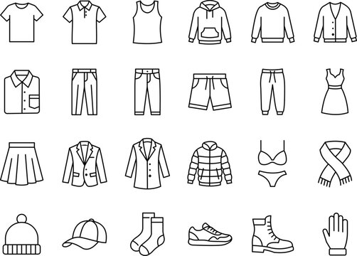 Minimalist clothing line icon set with fashion apparel, shoes and accessories line art vector collection
