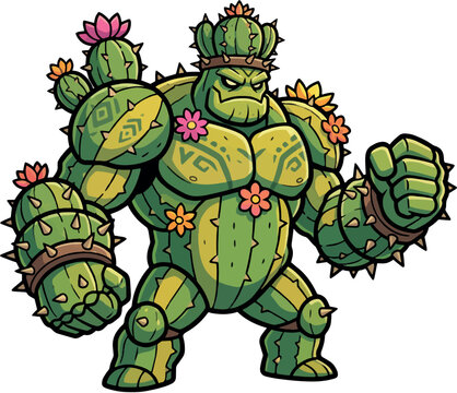 Cactus Brawler: Funny green cactus plant monster character covered in desert flowers