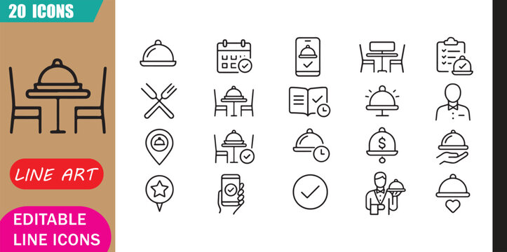 Isolated restaurant reservation icons set, 20 editable line art icons set, restaurant reservation, booking dining table, hospitality customer service, meal experience theme style, clean outline vector