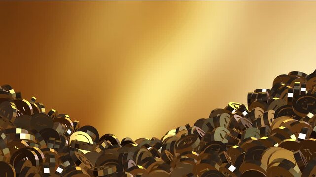 3d animation of golden indian rupee coins moving in a wavy motion against a glowing golden background.