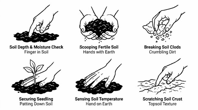 Hand Drawn Gardening Icons Showing Soil Preparation and Planting Techniques.