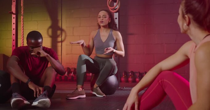 Diverse friends in sportswear chatting, sharing high-fives after workout at gym on stability ball