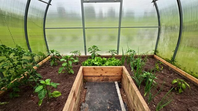 Vegetable plants growing in raised beds inside a greenhouse with gardening tools visible