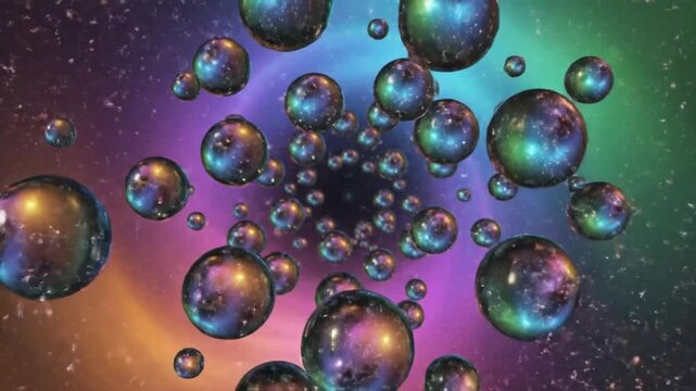Abstract rendering of the multiverse with multiple bubble universes floating in space and colorful background.