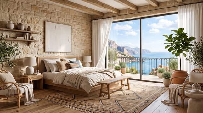 Rustic Mediterranean bedroom interior with stone walls, luxury coastal villa suite with ocean view, boho chic bedroom decor with natural wood accents