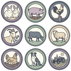 Obraz premium Set of Nine Farm Animal and Agricultural Themed Circular Icons.