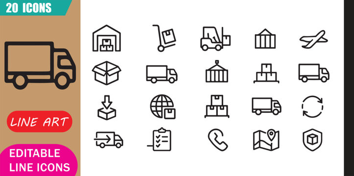 Isolated freight logistics icons set, 20 editable line art icons set, freight cargo, transport logistics shipping, supply chain delivery, export import theme style, clean outline vector