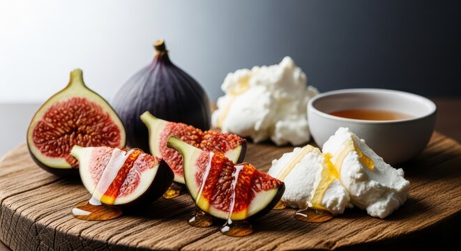 A delicious and elegant appetizer spread featuring sliced fresh figs paired with creamy goat cheese, served on a rustic wooden platter with honey, party food, dessert, brown