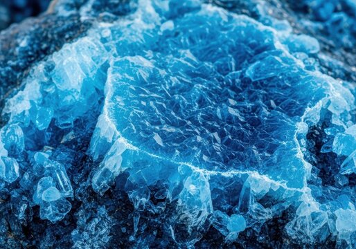 A macro shot of natural stone featuring deep sapphire and frosty cyan coloration, resembling fractured ice and a rugged frozen landscape, rough, granite, crystal