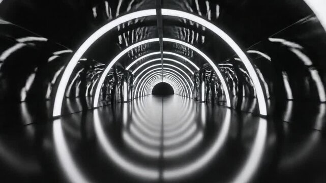 Symmetrical tunnel with glowing white arched lights and reflective black floor reflections
