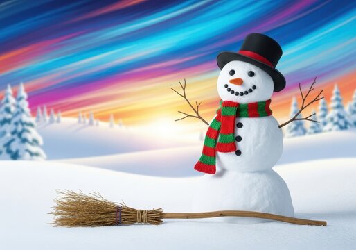 A whimsical winter scene featuring a classic snowman figure crafted from snow balls, posed outdoors while holding an old-fashioned wooden broom, crafting, three balls, cheerful