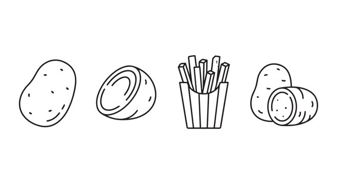 Hand drawn line art icons of raw potatoes and french fries with vegetable ingredients nutrition