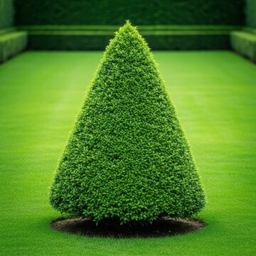Lush green sculptured shrubbery forming perfect conical shapes in a meticulously maintained ornamental garden landscape outdoors, outdoor, day, Topiary