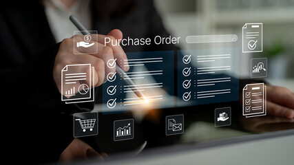 Business Professional Managing Purchase Orders with Digital Interfaces and Checklists for Effective...