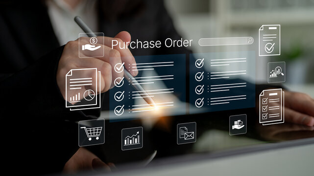Business Professional Managing Purchase Orders with Digital Interfaces and Checklists for Effective Procurement and Inventory Management. Bitwise.