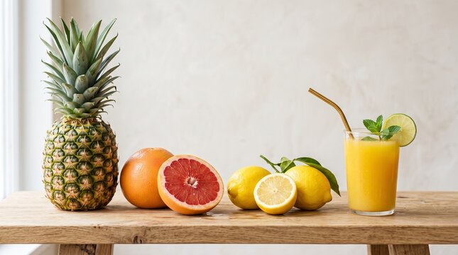 &ldquo;Minimalist tropical fruit composition with pineapple, lemons, grapefruit, and clear glass of bright citrus juice on neutral background, symbolizing freshness, health, and natural vibrancy&hellip;&rdquo;