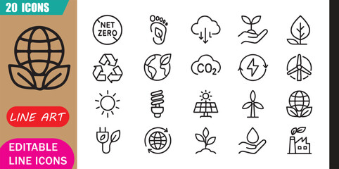 Isolated carbon footprint icons set, 20 editable line art icons set, net zero, carbon footprint, emissions sustainability, climate action renewable theme style, clean outline vector © MD.Kawsar Hossan