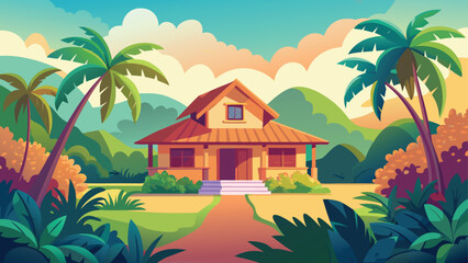 Tropical bungalow nestled amidst lush foliage with palm trees under a vibrant sky © CreativeKamrul