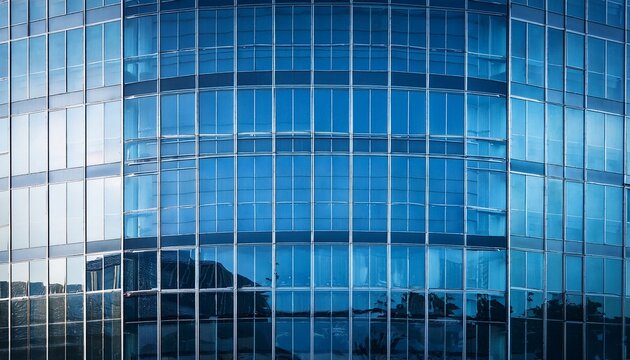blue glass architecture facade with modern windows pattern and reflection showing corporate building design with abstract geometry and clean texture