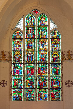 Wismar, Germany. Stained glass window in the chapel of the Hospital Church of the Holy Spirit. It was created in the late 14th century and attributed to the famed northern German master Master Bertram