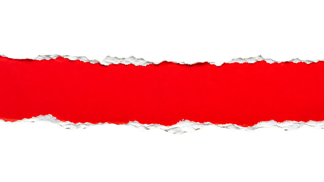Red torn paper strip with rough ripped white edges for banner label message and creative advertising design empty copy space isolated on a transparent background