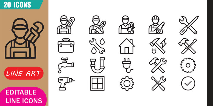 Isolated handyman service icons set, 20 editable line art icons set, handyman, plumber electrician carpenter, repair maintenance contractor, home installation service theme style, clean outline vector