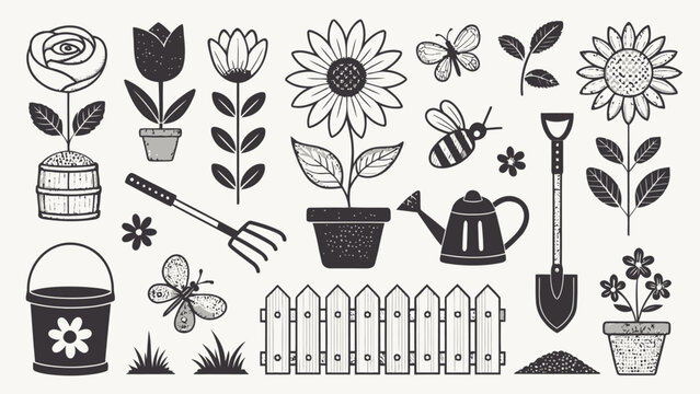 A collection of black and white illustrations of various gardening tools and plants, including flowers, leaves, insects, and a fence on a light beige background