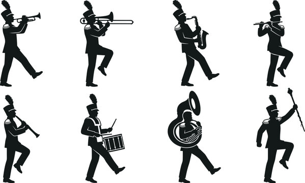 Marching Band Silhouette Set with Musicians Playing Trumpet Trombone Saxophone Flute Drum and Tuba for School Parade and Music Festival Branding