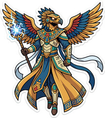 Fototapeta premium Horus Paladin: Ancient Egyptian bird falcon god warrior holding a magic staff crest