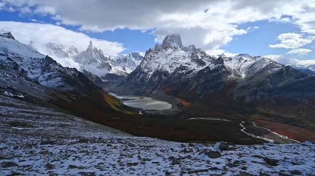 Aerial Panoramic View of Fitz Roy Massif and Cerro Torre with Autumn Lenga Forest, Patagonia Argentina