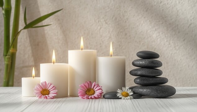 Minimalist spa composition featuring lit white candles, stacked black massage stones, bamboo stems, and delicate pink and white flowers. Perfect for wellness, relaxation, meditation, aromatherapy, sel