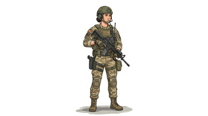 A military soldier in camouflage gear and helmet stands ready with a rifle against a plain white background. © Dhiyak Boneto