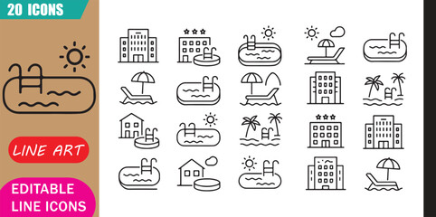Isolated resort swimming pool icons set, 20 editable line art icons set, resort hotel, swimming pool, vacation leisure, luxury travel tourism, relaxation theme style, clean vector © MD.Kawsar Hossan