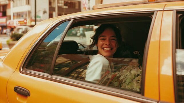 Woman in a Taxi, Smiling at the Camera