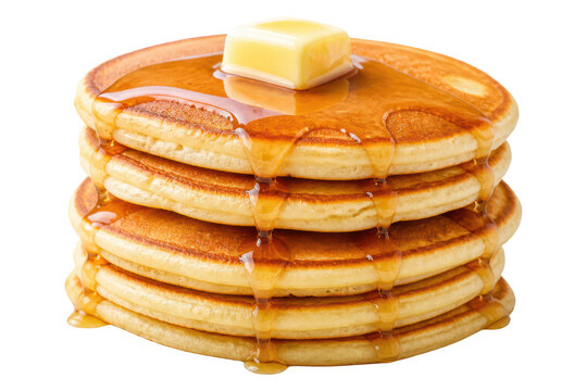 Stack of pancakes with melting butter and maple syrup