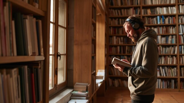Bearded Man Reading in a Library