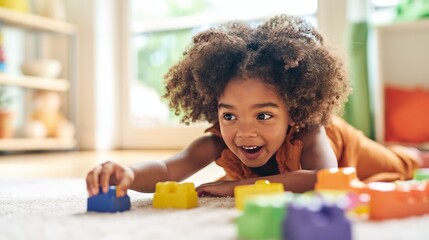 Fototapeta premium Curious Child Playing with Colorful Building Blocks