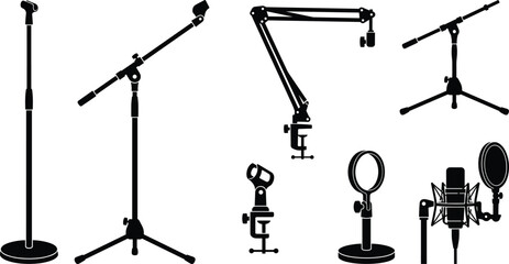 Microphone Stand and Studio Equipment Silhouette Set with Boom Arms Tripod Mounts Desk Clamps Shock Mounts and Pop Filters for Podcasting Recording Broadcast Designs © MstJoynobAkhtar