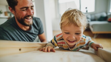 Fototapeta premium Father and Child Playing in Wooden Blocks, Happy Family Moment