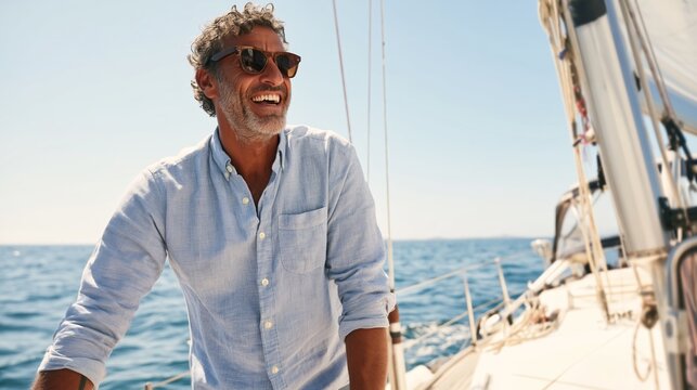 Sailing Enthusiast on Deck, Smiling at the Camera