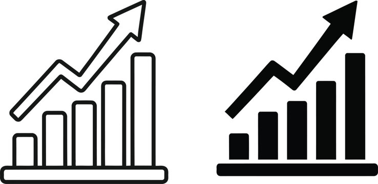 Black and white line icons of growing bar charts  business graphs