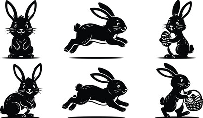 Rabbit Silhouettes Collection Black And White Vector Illustration © Noyon