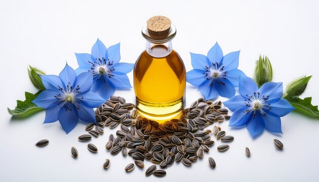Symmetrical Borage Oil Borago Officinalis Flowers And Seeds On White Background